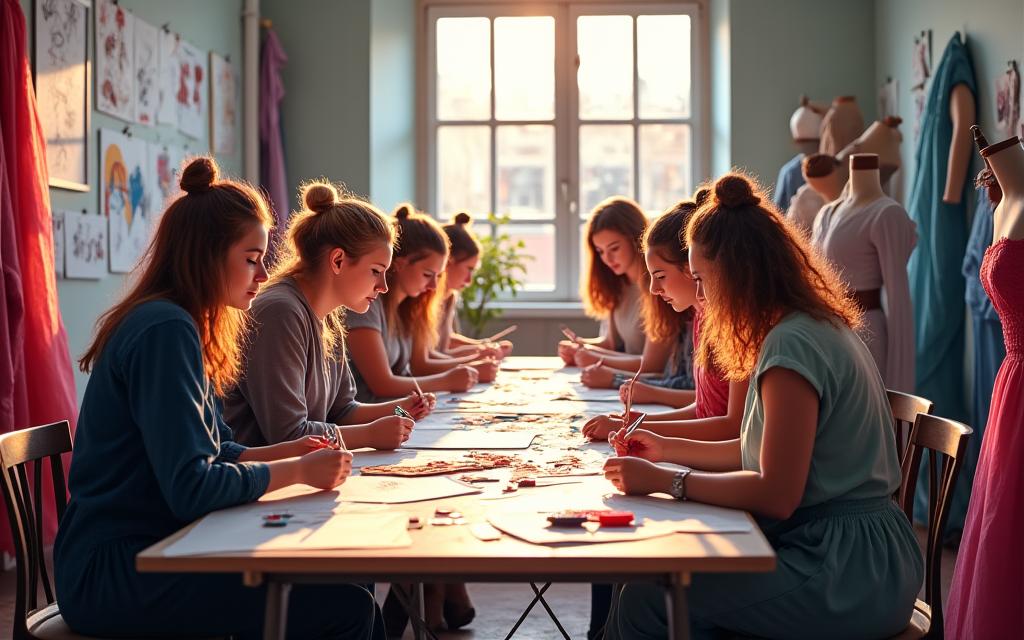 Equipo de diseñadores trabajando en vestuarios