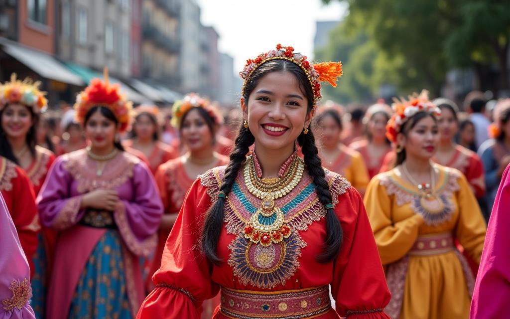 Participantes en festival cultural con vestuarios tradicionales
